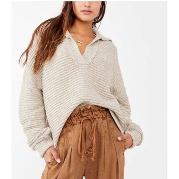 Free People Marlie Deep Ribbed Sweater Size Small Cream Collared V Neck Relaxed - Picture 5 of 13